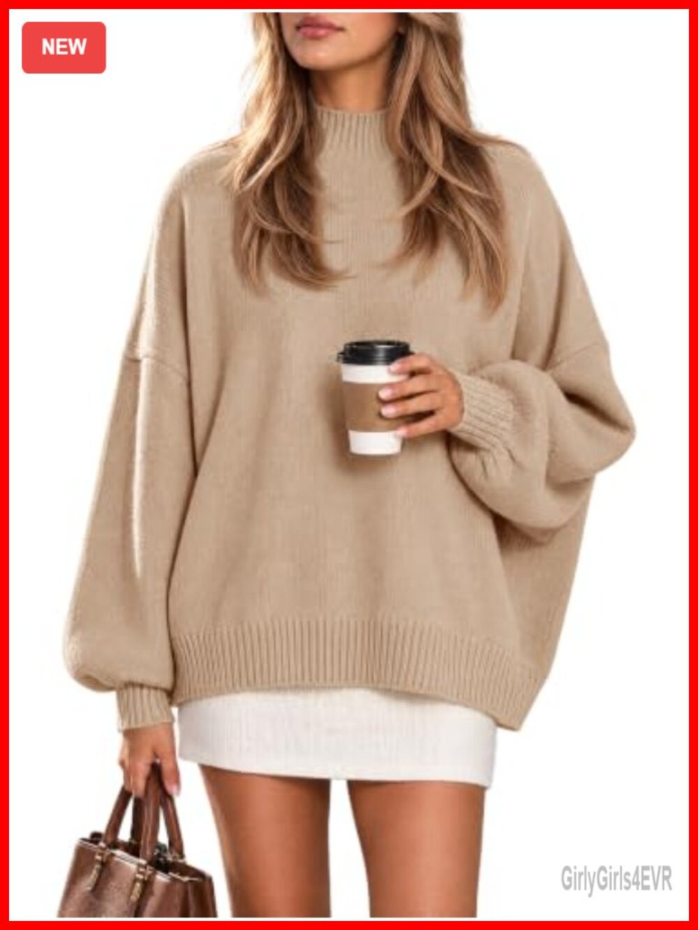 Oversized Mock Neck Tunic Sweater Lantern Sleeve Pullover